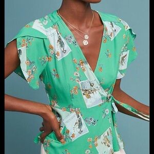 Anthropologie meadow rue Teal Floral Wrap Blouse